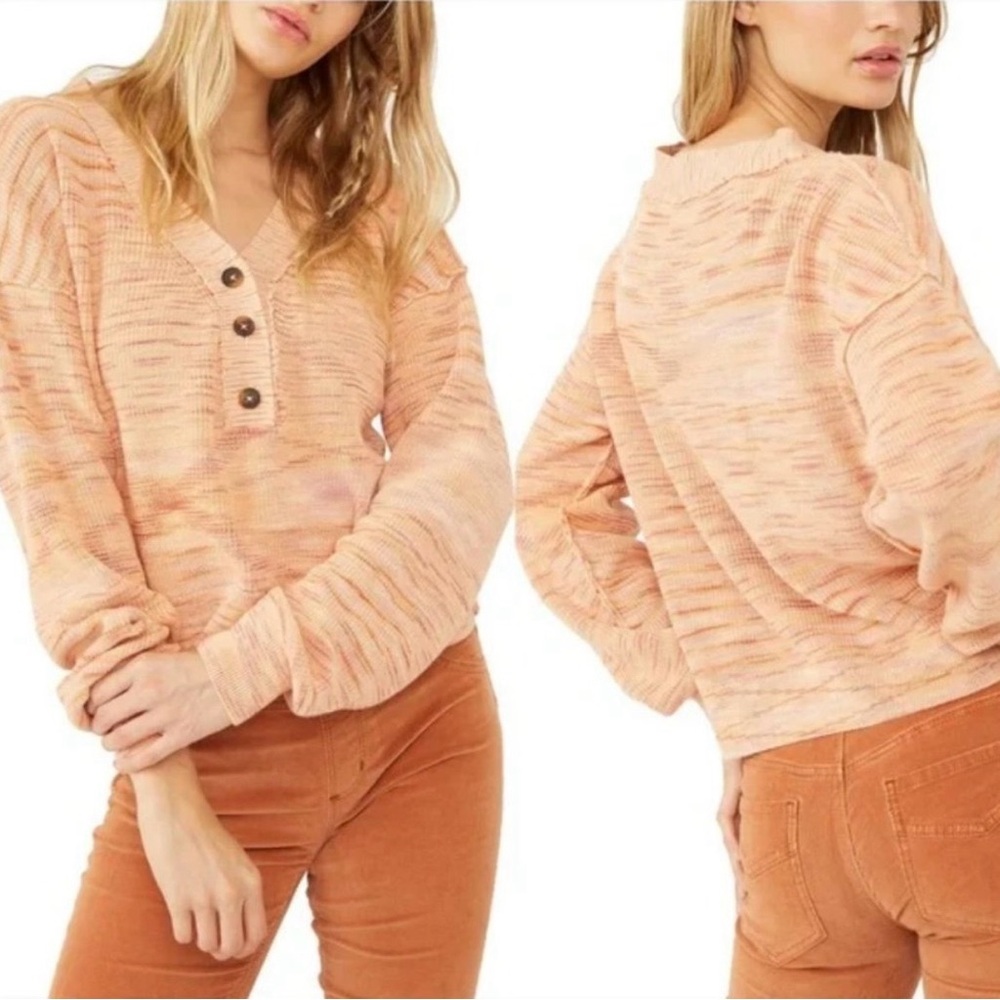 FREE PEOPLE Mercury Heathered Henley Sweater Dried Roses Size Small 100% Cotton